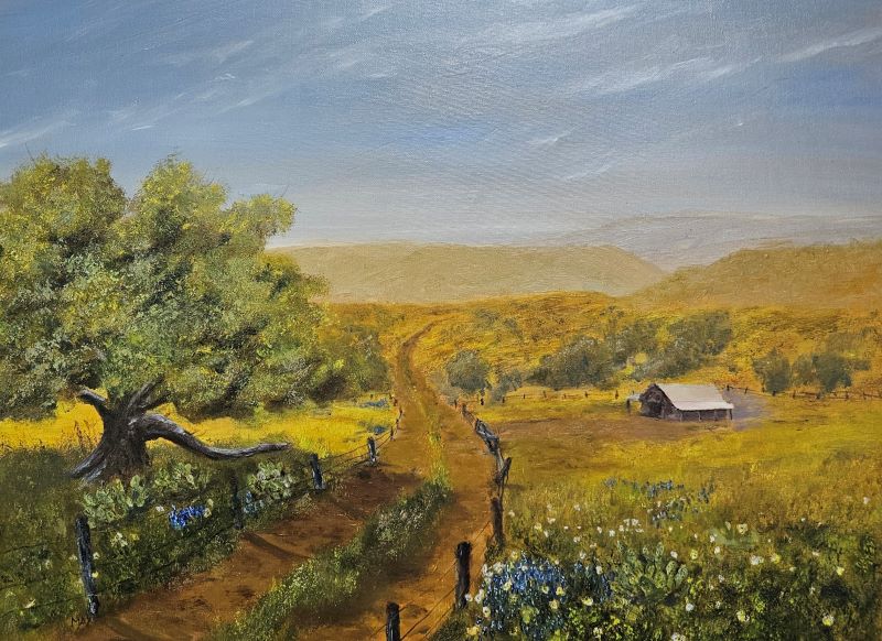 Oil Painting, Bluebonnets, Catus